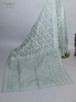 Sage Green Organza Chikankari Saree with White Threadwork - Image 2