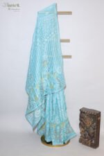 Warm Beige Organza Chikankari Saree with Red & Green Threadwork