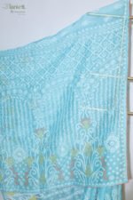 Warm Beige Organza Chikankari Saree with Red & Green Threadwork - Image 3