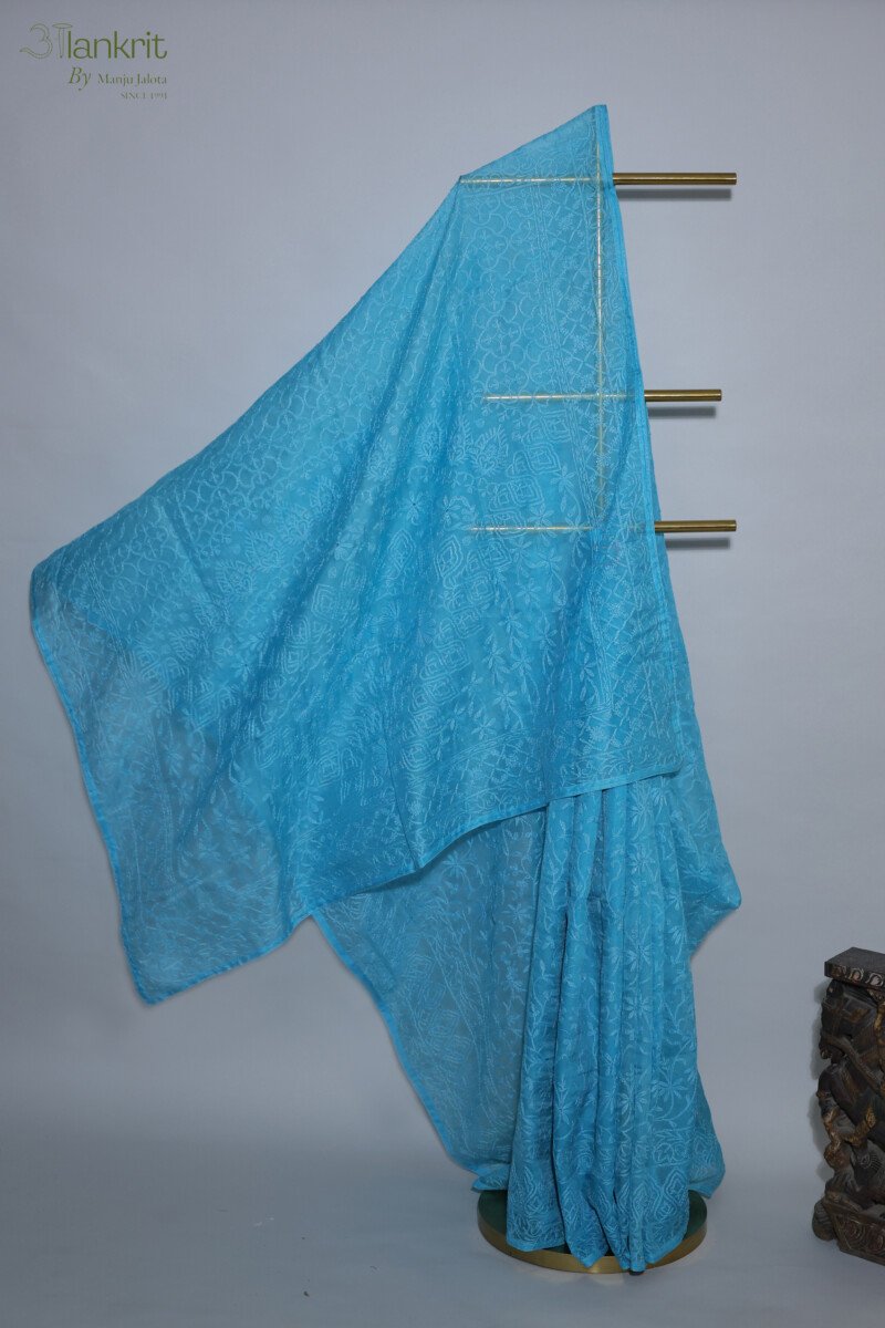 118A5549 Azure Organza Chikankari Saree - Image 1