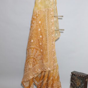 Mustard Yellow Organza Chikankari Saree