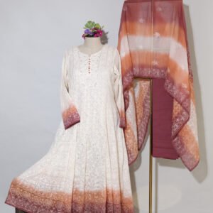 Ivory Anarkali Set with Maroon Border
